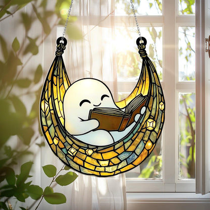 Cute Ghost Reading Book Acrylic Window Hanging – Adorable Sun Catcher for Whimsical, Cozy, and Halloween Home or Kids Room Décor