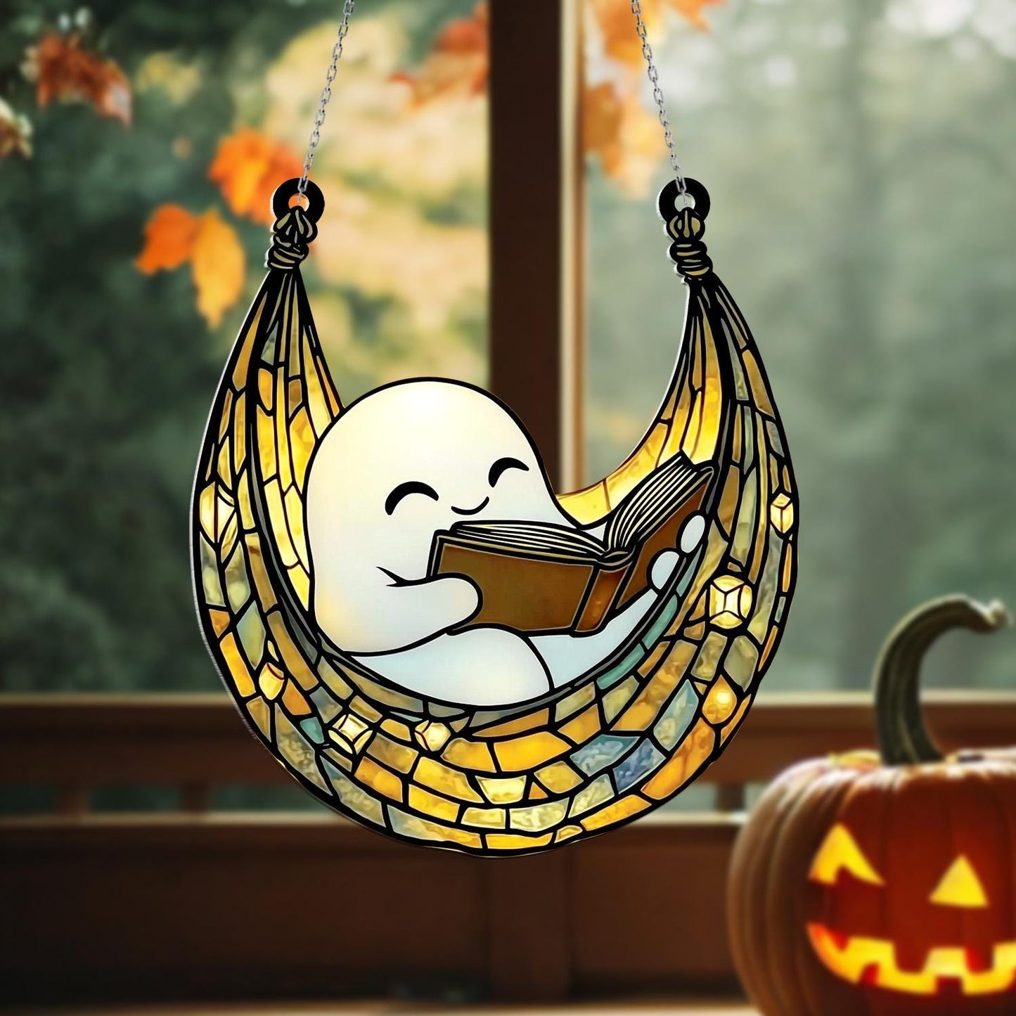 Cute Ghost Reading Book Acrylic Window Hanging – Adorable Sun Catcher for Whimsical, Cozy, and Halloween Home or Kids Room Décor