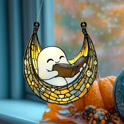 Cute Ghost Reading Book Acrylic Window Hanging – Adorable Sun Catcher for Whimsical, Cozy, and Halloween Home or Kids Room Décor