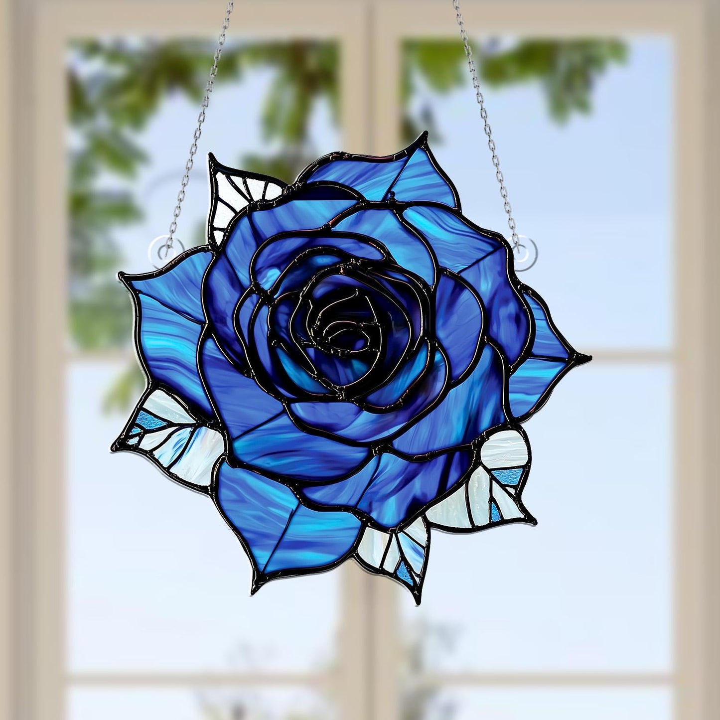 Blue Rose Acrylic Window Hanging – Elegant Floral Sun Catcher for Romantic, Garden, and Nature Inspired Home Window or Wall Décor