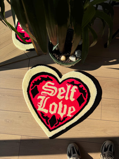 Handmade Self Love Heart Tufted Rug Bold Lettering Gothic Pink Red Carpet Aesthetic Bedroom Soft Floor Mat Empowering Decor 75x65cm Gift