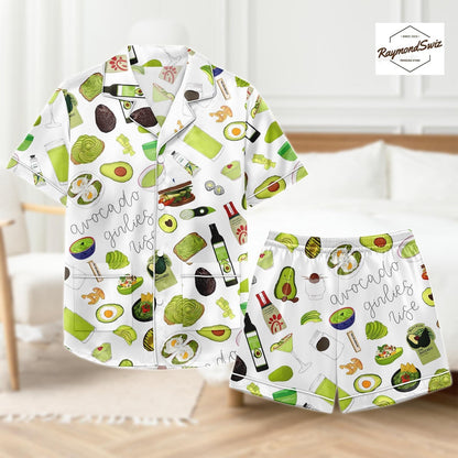 Avocado Print Pajamas Set, Green Pattern Button Shirt PJs, Short Sleeve Pyjama, Shorts Pajama, Matching Set for Women