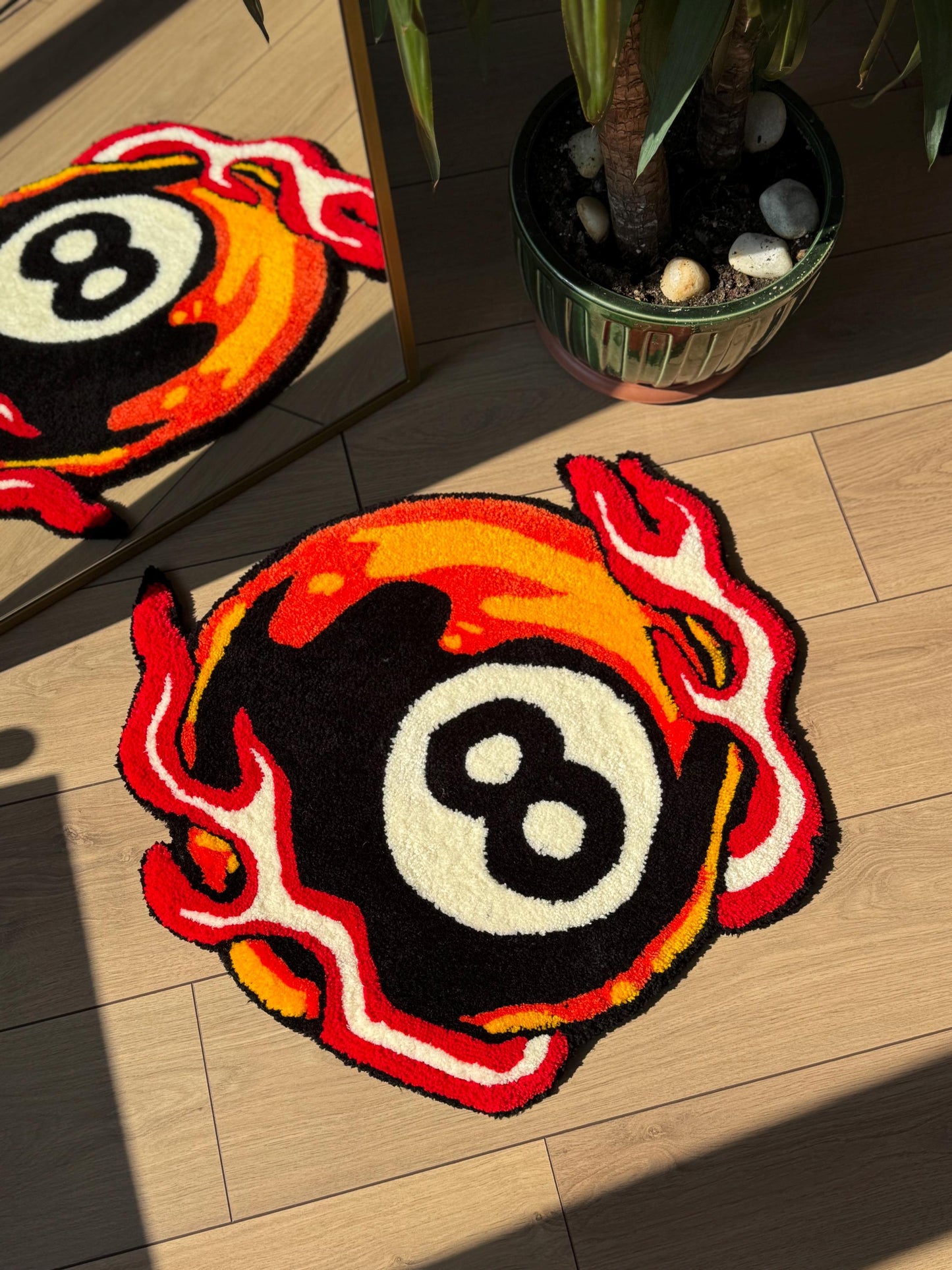 Handmade Flaming 8 Ball Tufted Rug Bold Pool Billiard Carpet Fire Themed Soft Floor Mat for Game Room Dorm Decor 60x60cm Gift Idea