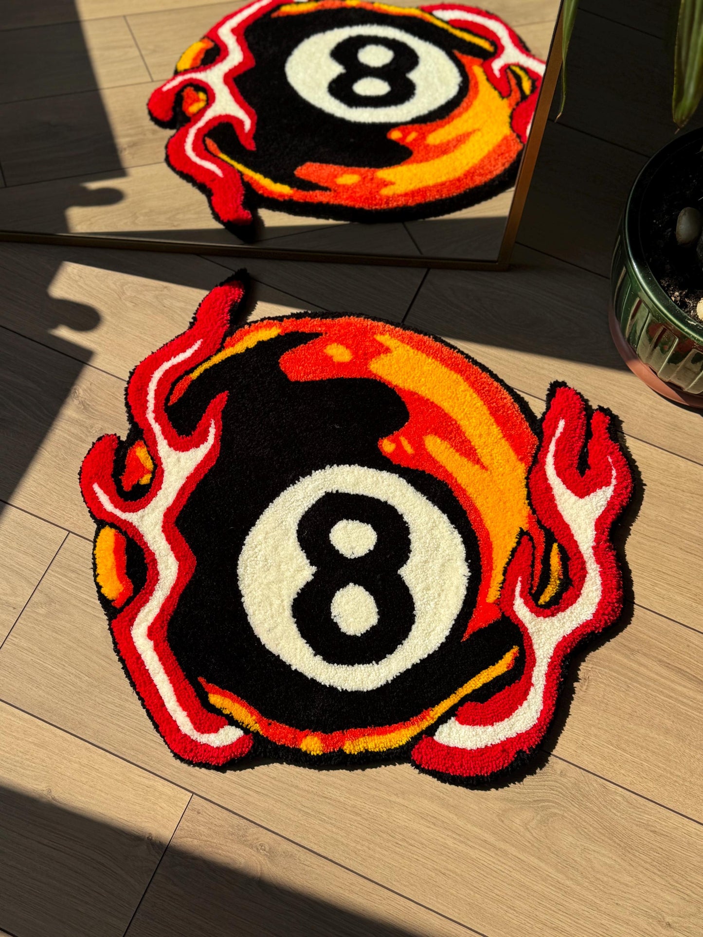 Handmade Flaming 8 Ball Tufted Rug Bold Pool Billiard Carpet Fire Themed Soft Floor Mat for Game Room Dorm Decor 60x60cm Gift Idea