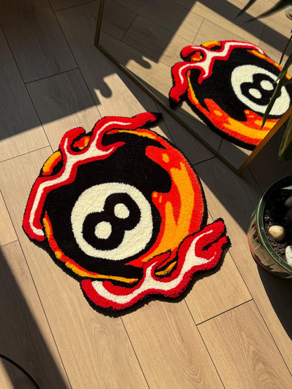Handmade Flaming 8 Ball Tufted Rug Bold Pool Billiard Carpet Fire Themed Soft Floor Mat for Game Room Dorm Decor 60x60cm Gift Idea