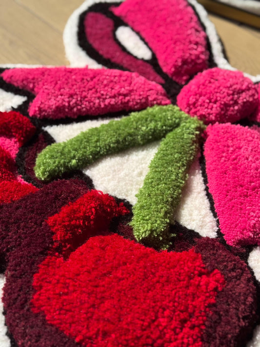 Handmade Cherry Bow Tufted Rug Red Cherries with Pink Ribbon Carpet Kawaii Aesthetic Cute Room Soft Floor Mat 60x60cm Gift Idea