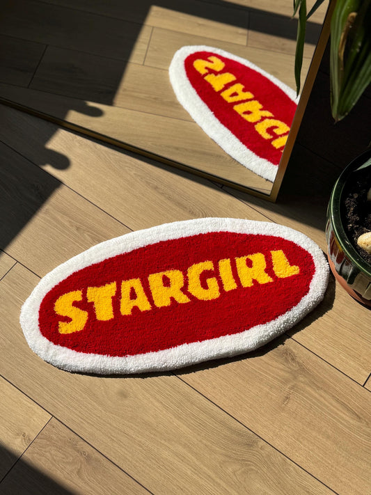 Handmade Stargirl Oval Tufted Rug Red Yellow Text Carpet Retro Pop Aesthetic Soft Floor Mat Cute Room Dorm Decor 65x30cm Gift Idea