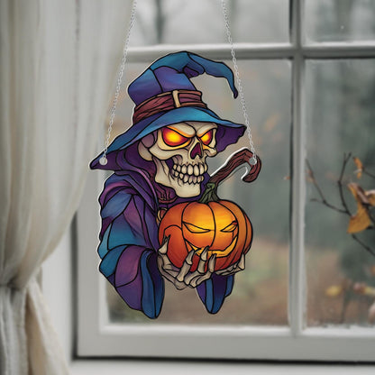 Halloween Skeleton Wizard Window Hanging with Glowing Pumpkin for Spooky Gothic Home Decor and Haunted House Accent