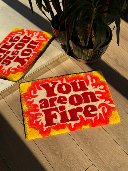 Handmade You Are On Fire Tufted Rug Bold Flame Text Carpet Retro Aesthetic Soft Floor Mat Motivational Room Decor 60x40cm Gift Idea