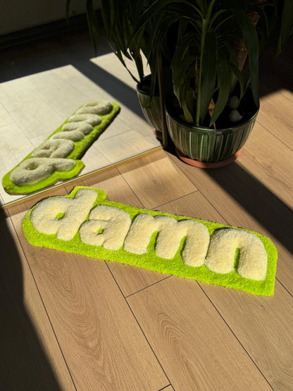 Handmade Damn Tufted Rug Green Beige Text Carpet Funky Modern Aesthetic Soft Floor Mat Cool Room Dorm Decor 80x30cm Gift Idea