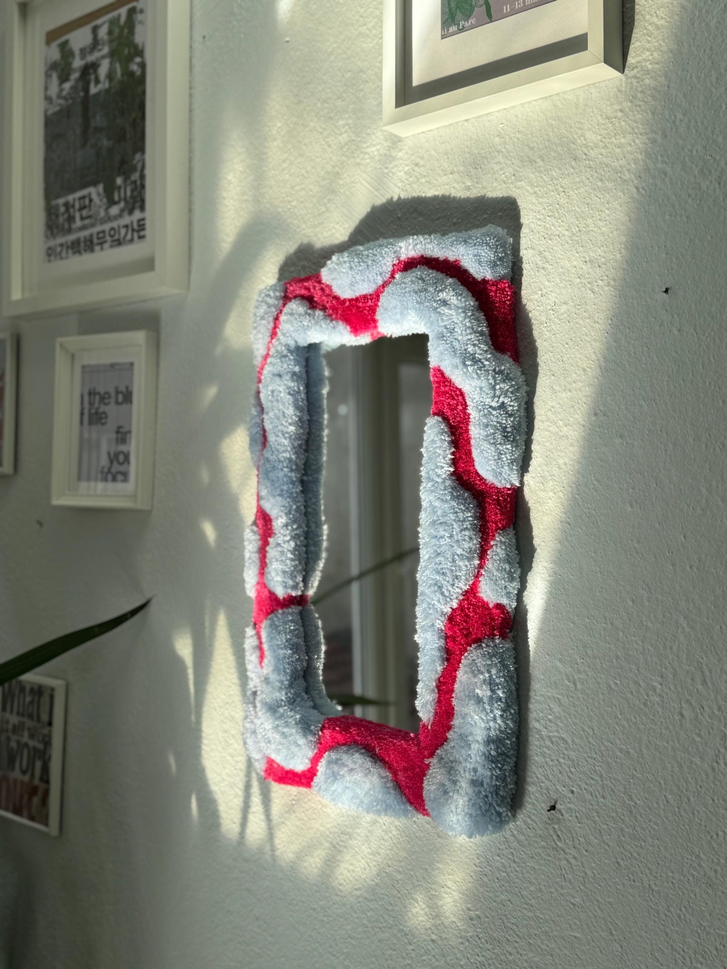 Handmade Tufted Mirror 3D Frame Wall Decor Blue and Pink Soft Funky Accent Mirror Modern Retro Home Design 55x35cm
