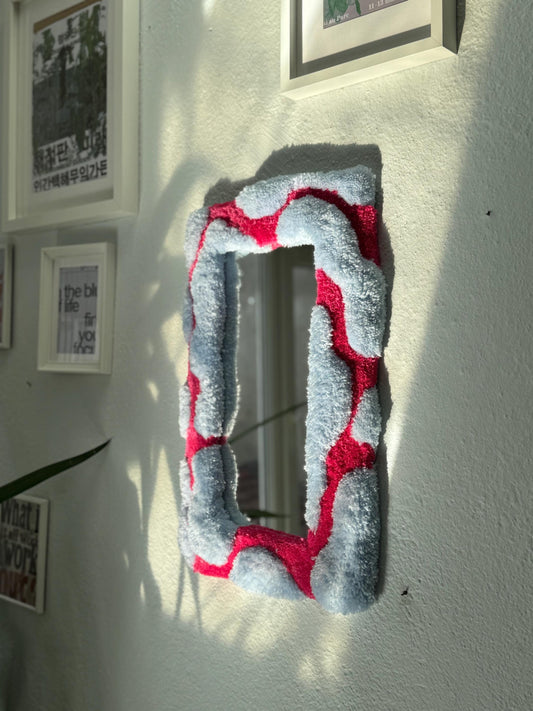 Handmade Tufted Mirror 3D Frame Wall Decor Blue and Pink Soft Funky Accent Mirror Modern Retro Home Design 55x35cm