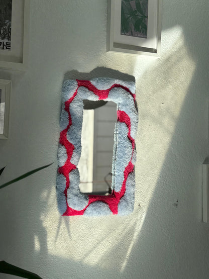 Handmade Tufted Mirror 3D Frame Wall Decor Blue and Pink Soft Funky Accent Mirror Modern Retro Home Design 55x35cm