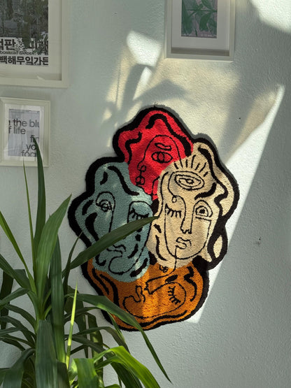 Handmade Tufted Rug Abstract Faces Colorful Wall Hanging Carpet Modern Art Design Home Decor with Hanging Back 75x60cm