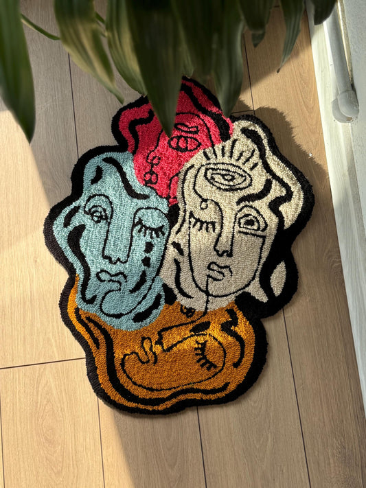 Handmade Tufted Rug Abstract Faces Colorful Wall Hanging Carpet Modern Art Design Home Decor with Hanging Back 75x60cm