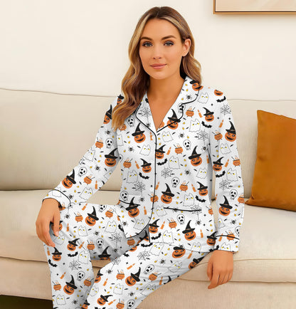 Halloween Witch Ghost Pumpkin Spider Pajamas Set, Halloween Pattern Sleepwear, Halloween Scary Pumpkin Homewear, Spooky Season Gift