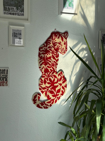 Handmade Tufted Rug Tiger Inspired Big Cat Silhouette Red White Floral Pattern Unique Animal Shaped Carpet