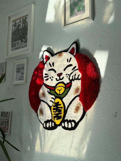 Handmade 3D Tufted Lucky Cat Rug – Maneki Neko Welcome Mat, Japanese Style Decorative Carpet, Kawaii Home Decor for Entryway