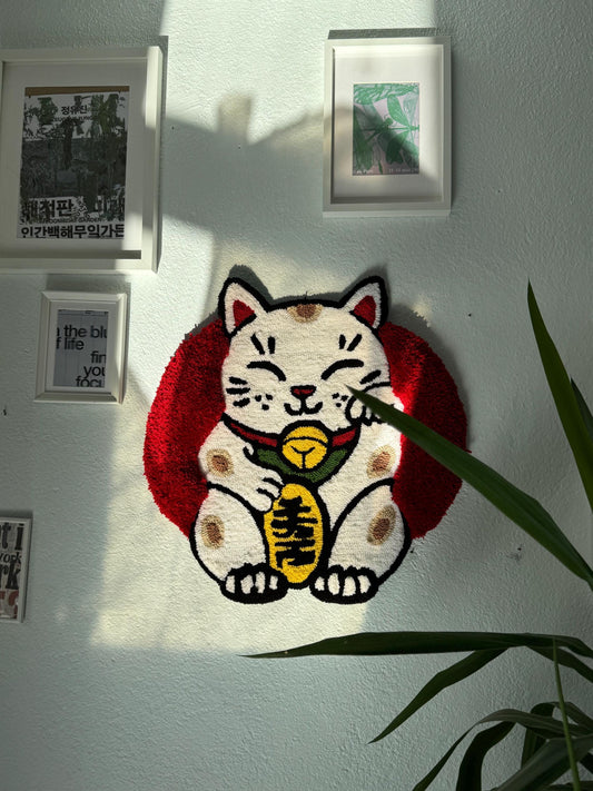 Handmade 3D Tufted Lucky Cat Rug – Maneki Neko Welcome Mat, Japanese Style Decorative Carpet, Kawaii Home Decor for Entryway