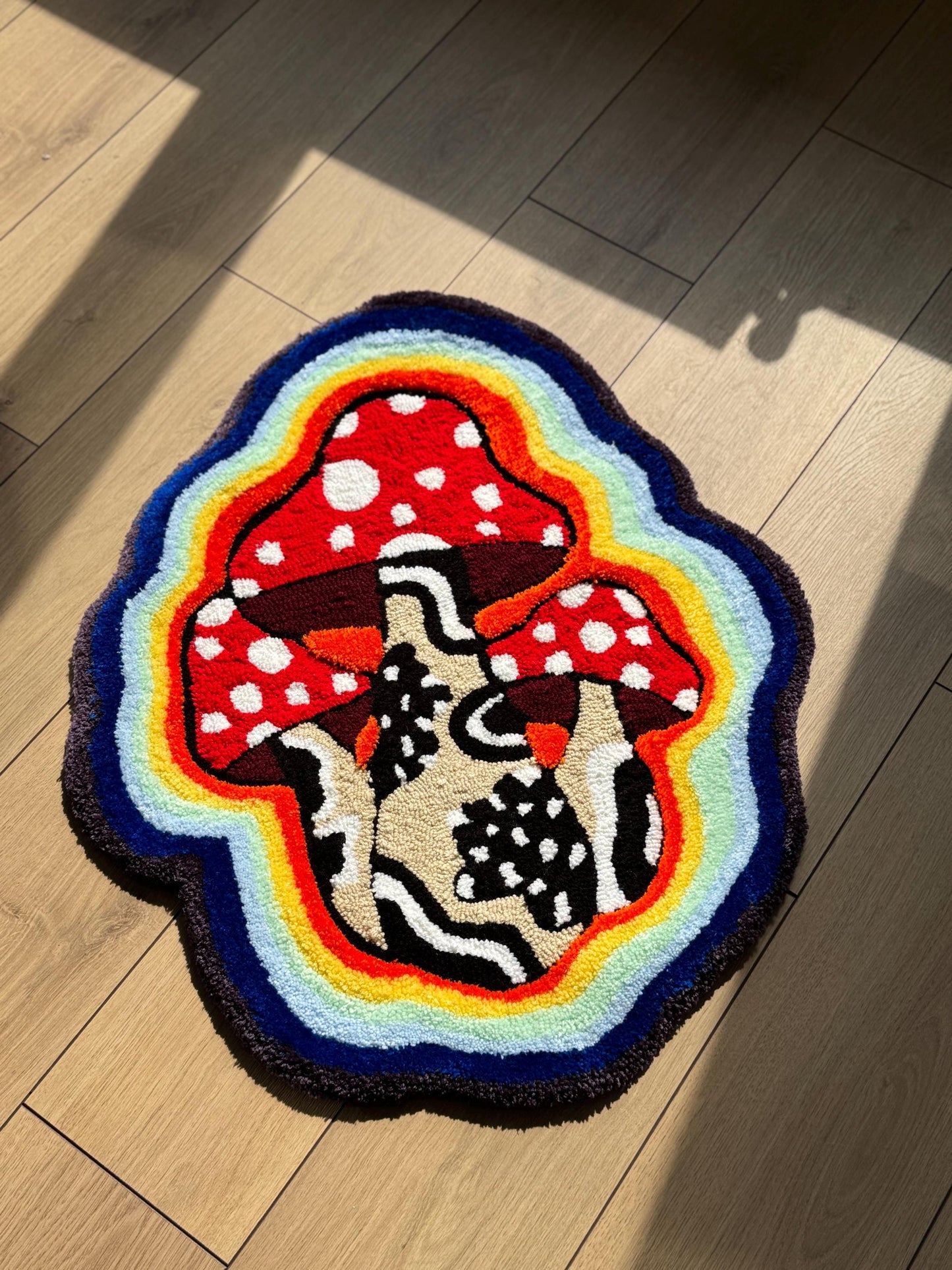 Handmade 3D Tufted Mushroom Rug – Psychedelic Rainbow Toadstool Carpet, Boho Trippy Home Decor