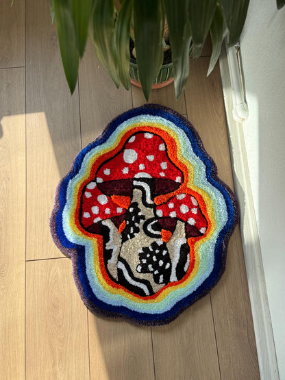 Handmade 3D Tufted Mushroom Rug – Psychedelic Rainbow Toadstool Carpet, Boho Trippy Home Decor