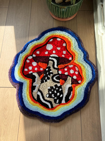 Handmade 3D Tufted Mushroom Rug – Psychedelic Rainbow Toadstool Carpet, Boho Trippy Home Decor
