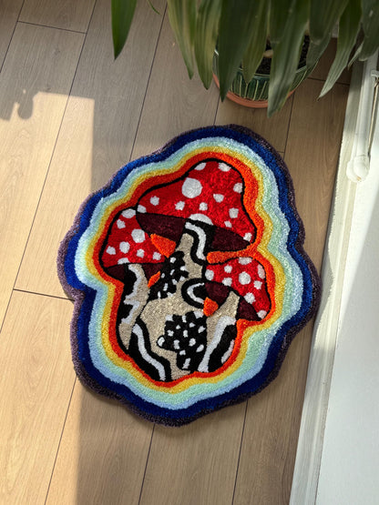 Handmade 3D Tufted Mushroom Rug – Psychedelic Rainbow Toadstool Carpet, Boho Trippy Home Decor