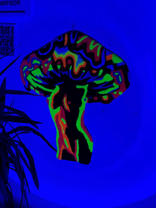 Glow in the Dark Mushroom Woman Rug – Handmade 3D Tufted Psychedelic UV Reactive Wall Art & Floor Carpet
