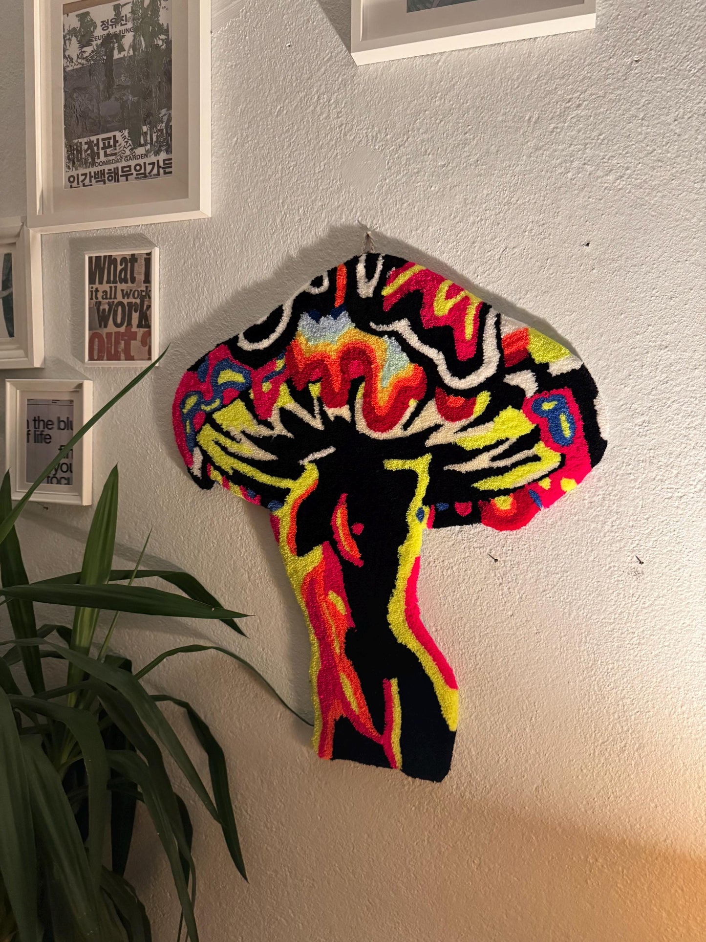 Glow in the Dark Mushroom Woman Rug – Handmade 3D Tufted Psychedelic UV Reactive Wall Art & Floor Carpet