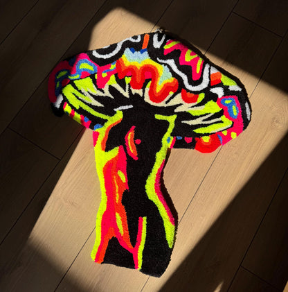 Glow in the Dark Mushroom Woman Rug – Handmade 3D Tufted Psychedelic UV Reactive Wall Art & Floor Carpet