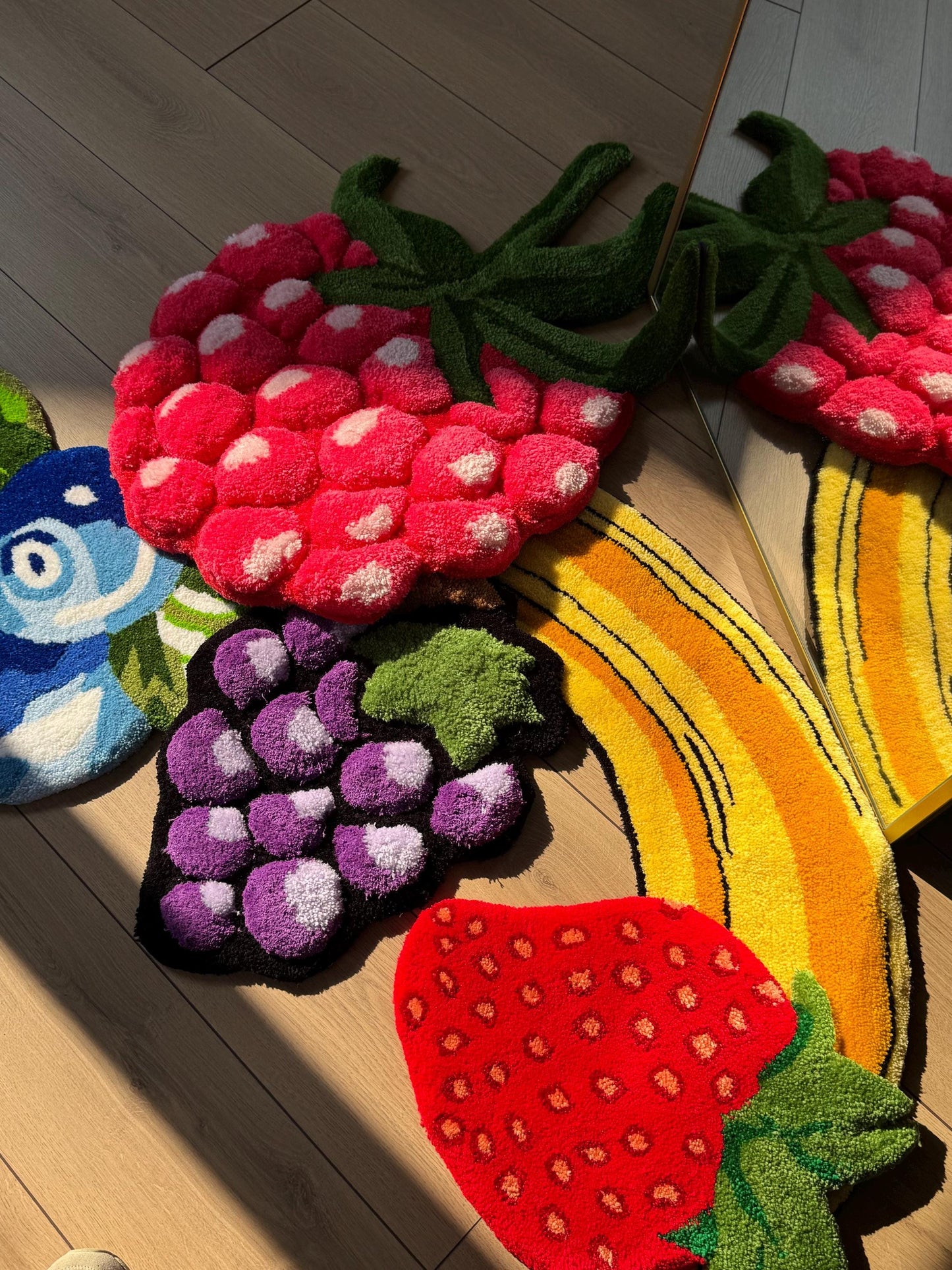 Colorful 3D Fruit Basket Rug – Handmade Tufted Raspberry, Grape, Strawberry Blueberry Carpet – Playful Kitchen & Living Room Decor