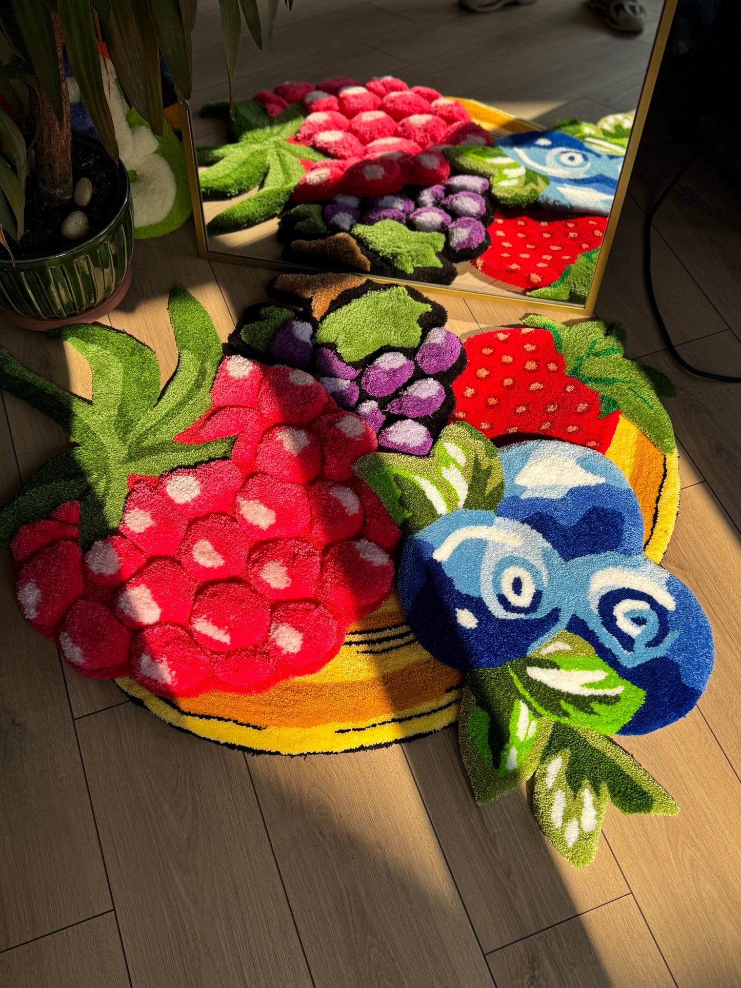 Colorful 3D Fruit Basket Rug – Handmade Tufted Raspberry, Grape, Strawberry Blueberry Carpet – Playful Kitchen & Living Room Decor