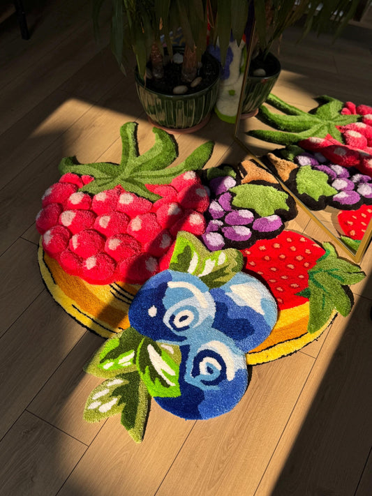 Colorful 3D Fruit Basket Rug – Handmade Tufted Raspberry, Grape, Strawberry Blueberry Carpet – Playful Kitchen & Living Room Decor