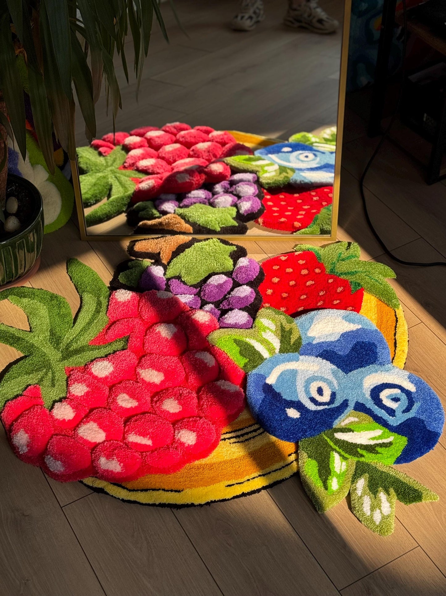 Colorful 3D Fruit Basket Rug – Handmade Tufted Raspberry, Grape, Strawberry Blueberry Carpet – Playful Kitchen & Living Room Decor