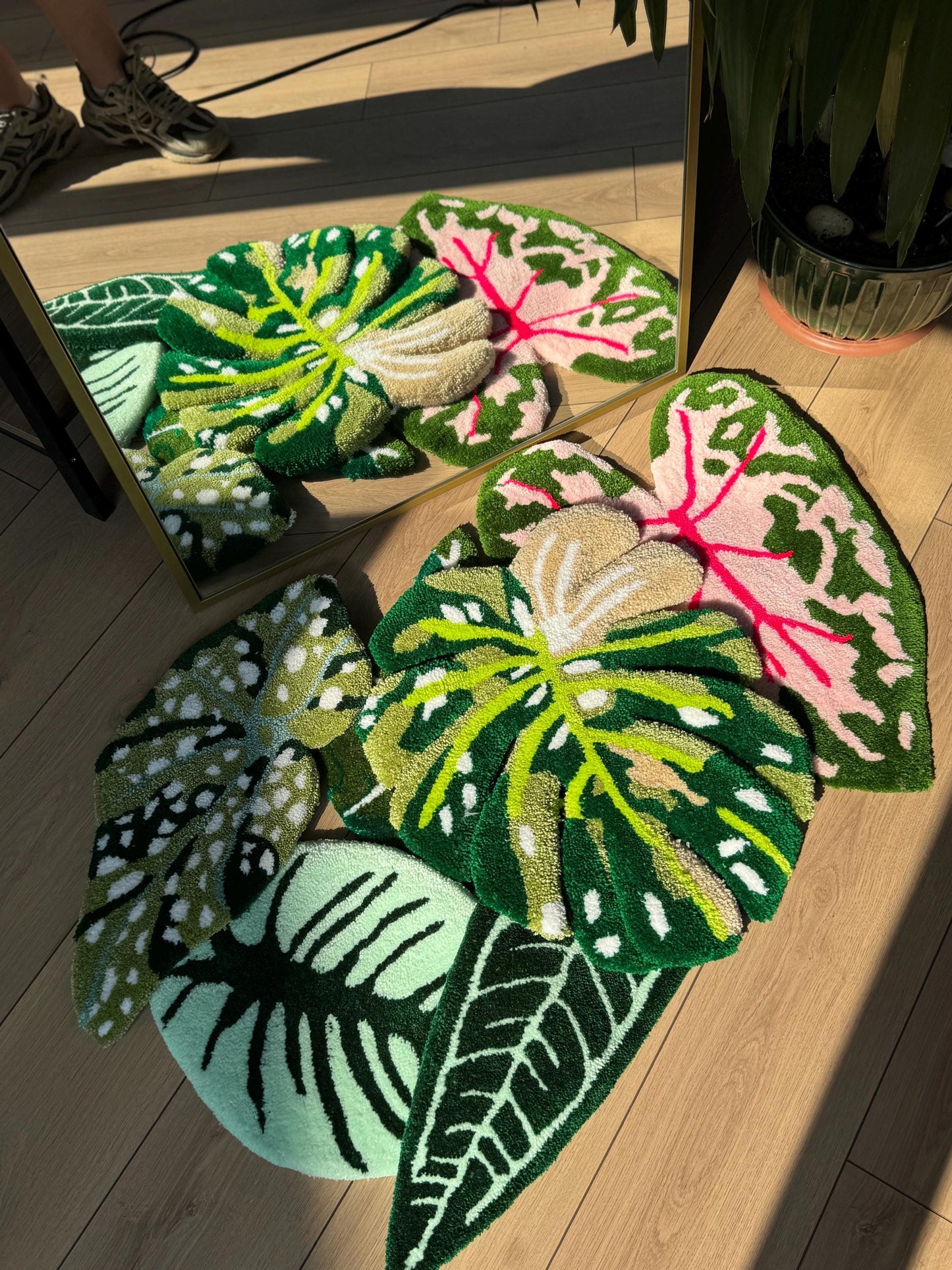 Handmade Tropical Leaf Rug Wall Decor Set – Monstera, Caladium & Alocasia Tufted Rugs – Botanical Plant Lover Gift