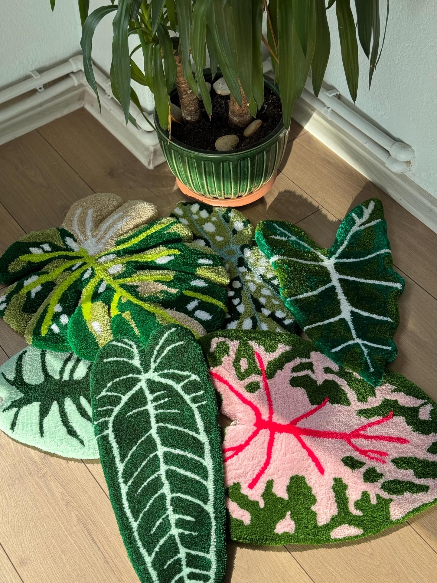 Handmade Tropical Leaf Rug Wall Decor Set – Monstera, Caladium & Alocasia Tufted Rugs – Botanical Plant Lover Gift