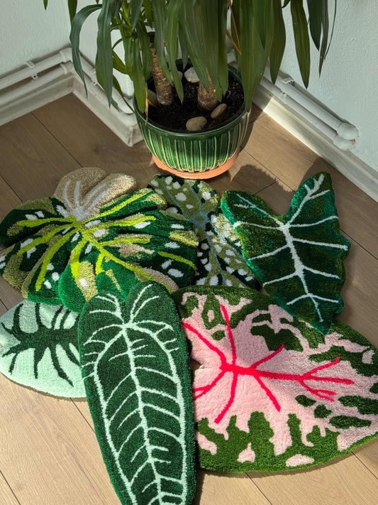 Handmade Tropical Leaf Rug Wall Decor Set – Monstera, Caladium & Alocasia Tufted Rugs – Botanical Plant Lover Gift