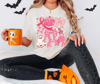 Breast Cancer Shirt, Ribbon Coquette Bow Shirt, Pink Pumpkin Sweatshirt, Cancer Ghost Coquette, Pink Bow Boxing Gloves Cancer Awareness Tee