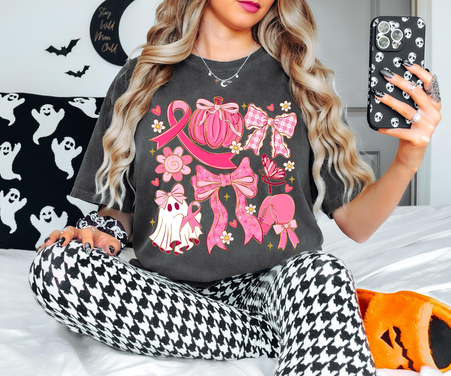 Breast Cancer Shirt, Ribbon Coquette Bow Shirt, Pink Pumpkin Sweatshirt, Cancer Ghost Coquette, Pink Bow Boxing Gloves Cancer Awareness Tee