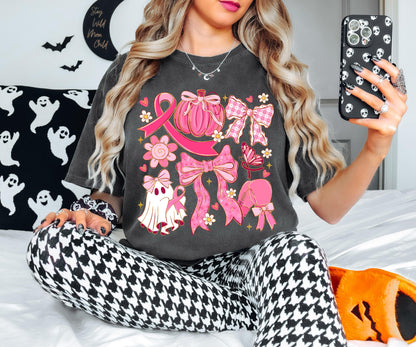 Breast Cancer Shirt, Ribbon Coquette Bow Shirt, Pink Pumpkin Sweatshirt, Cancer Ghost Coquette, Pink Bow Boxing Gloves Cancer Awareness Tee