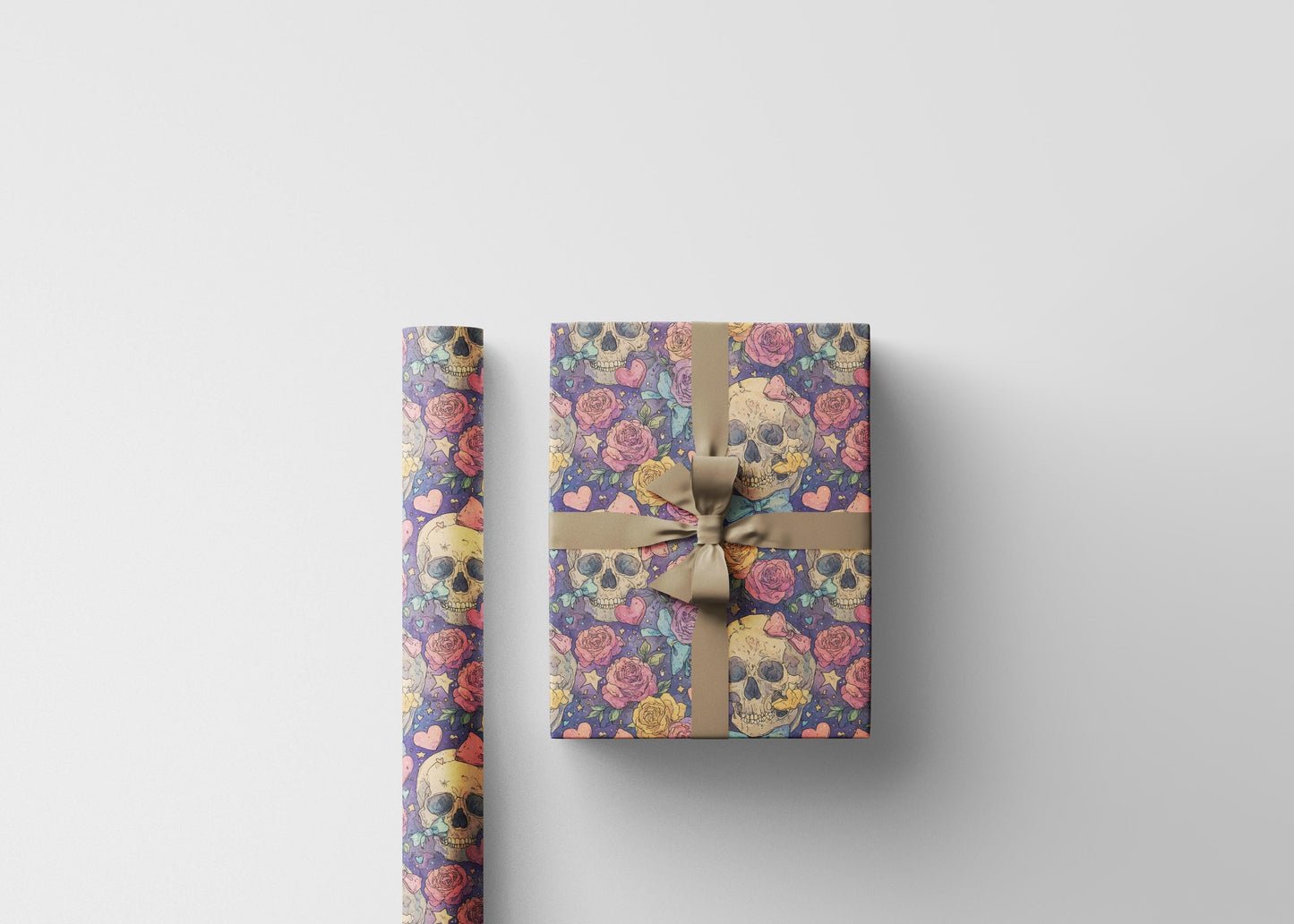 Pastel Goth Halloween Wrapping Paper Roll Watercolor Creepy Cute Skulls and Roses Witch Moon Pattern #15