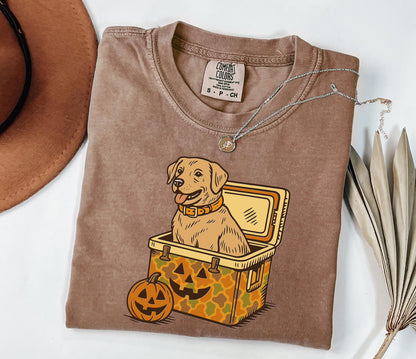 Comfort Colors® Yellow Lab Cooler Shirt, Halloween Hunting Dog Shirt, Halloween Camo USA Fall Labrador Retriever, Camping & Fishing T-Shirt