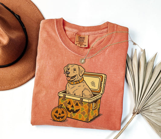Comfort Colors® Yellow Lab Cooler Shirt, Halloween Hunting Dog Shirt, Halloween Camo USA Fall Labrador Retriever, Camping & Fishing T-Shirt