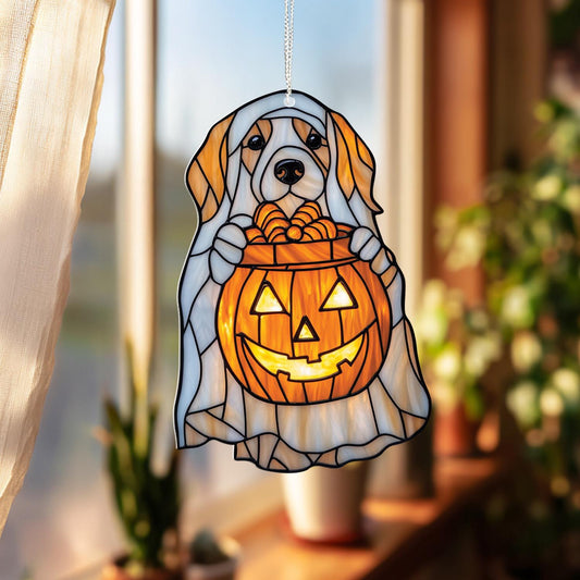 Dog Pumpkin Window Hanging, Halloween Acrylic Decor with Beagle in Ghost Costume, Cute Fall Jack O’Lantern Ornament for Pet Lovers