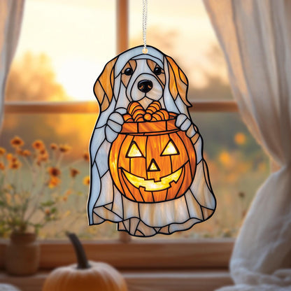 Dog Pumpkin Window Hanging, Halloween Acrylic Decor with Beagle in Ghost Costume, Cute Fall Jack O’Lantern Ornament for Pet Lovers