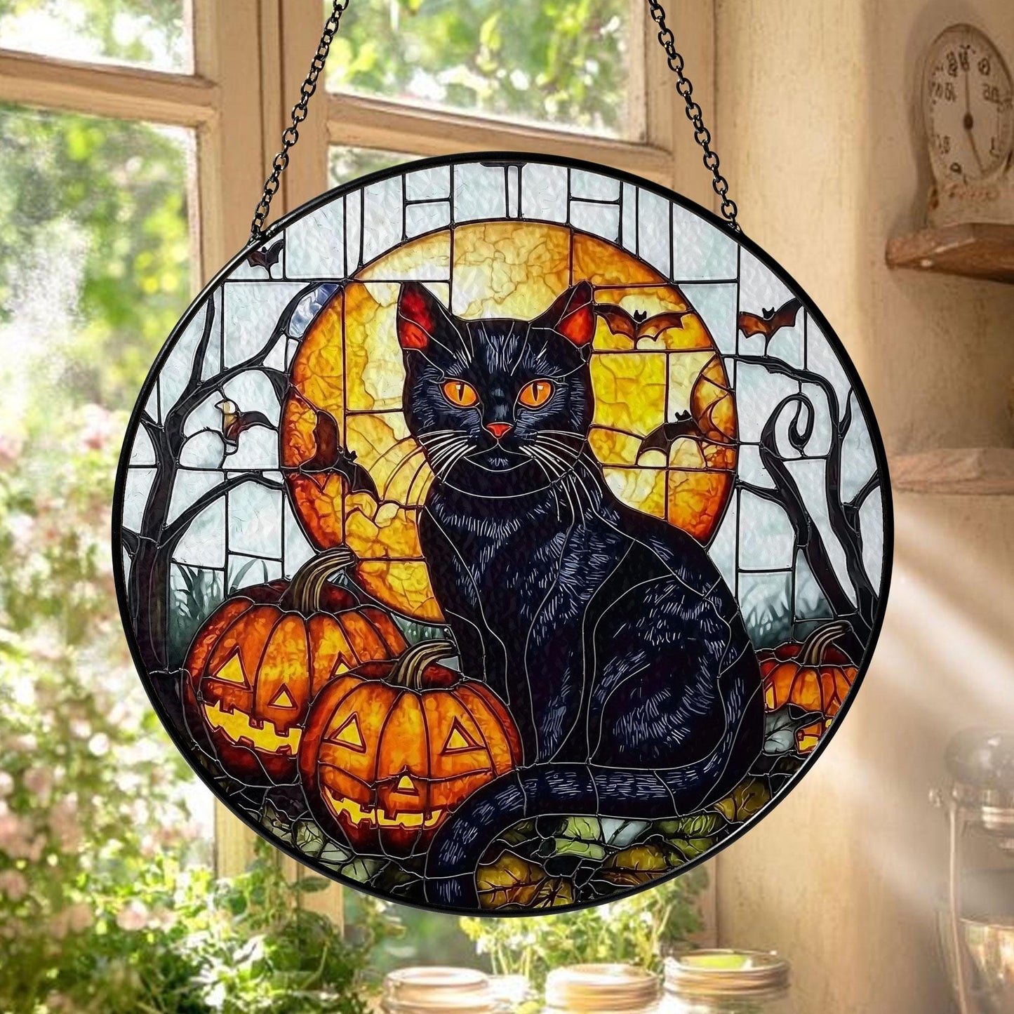 Black Cat Stained Glass Suncatcher, Halloween Window Panel with Pumpkins, Full Moon and Bats, Spooky Home and Garden Decoration Gift