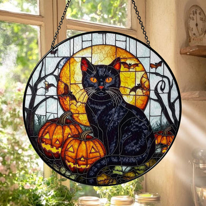 Black Cat Stained Glass Suncatcher, Halloween Window Panel with Pumpkins, Full Moon and Bats, Spooky Home and Garden Decoration Gift