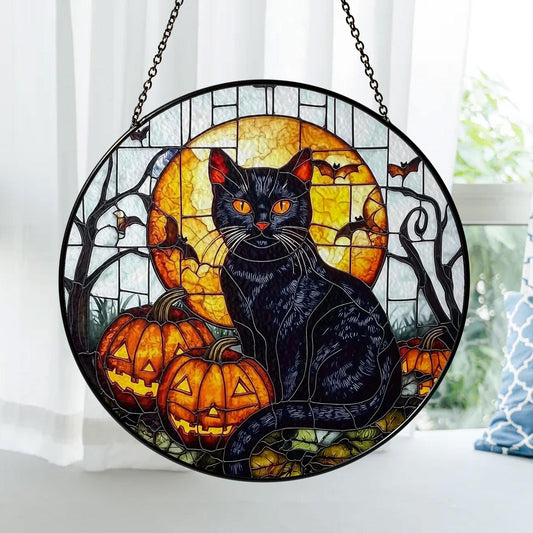 Black Cat Stained Glass Suncatcher, Halloween Window Panel with Pumpkins, Full Moon and Bats, Spooky Home and Garden Decoration Gift