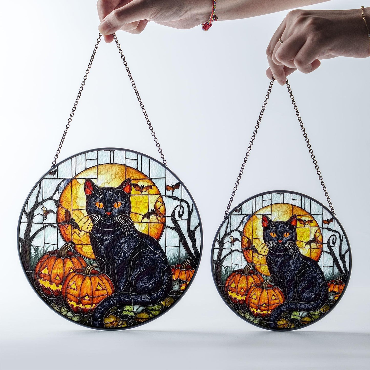 Black Cat Stained Glass Suncatcher, Halloween Window Panel with Pumpkins, Full Moon and Bats, Spooky Home and Garden Decoration Gift