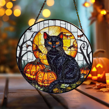 Black Cat Stained Glass Suncatcher, Halloween Window Panel with Pumpkins, Full Moon and Bats, Spooky Home and Garden Decoration Gift